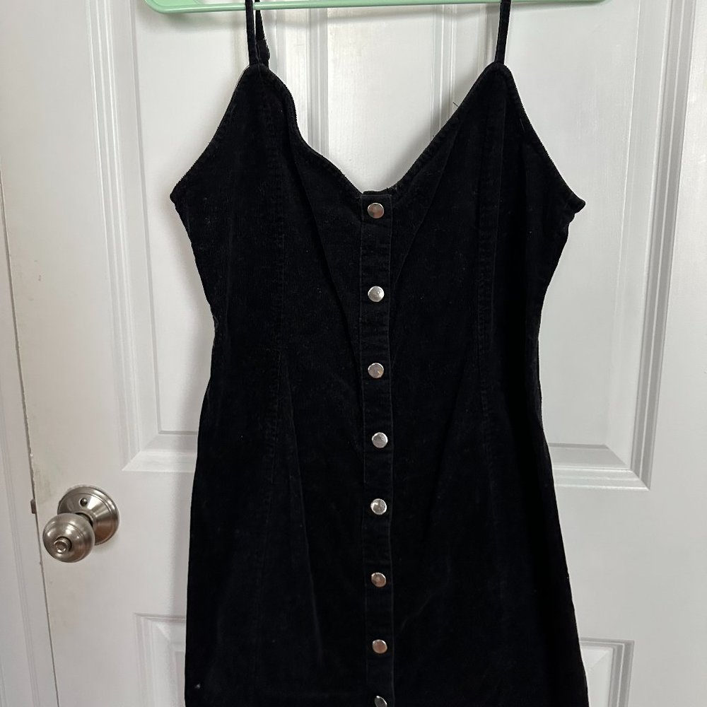 Black Corduroy Button Up Dress With Back Detail - Size M